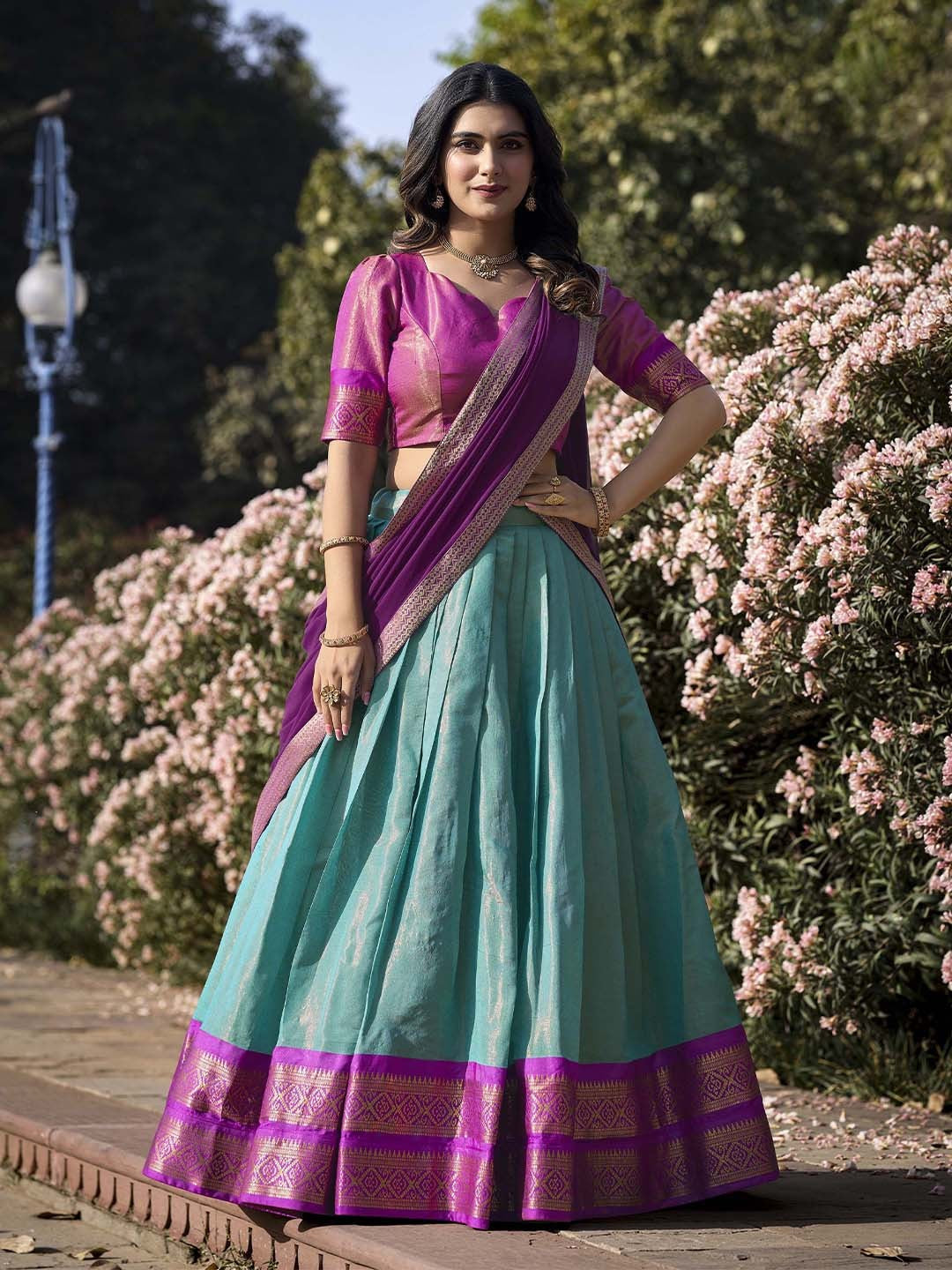 Lorenvalley Skyblue Kanchipuram Zari Weaving Work Lehenga Choli with Dupatta