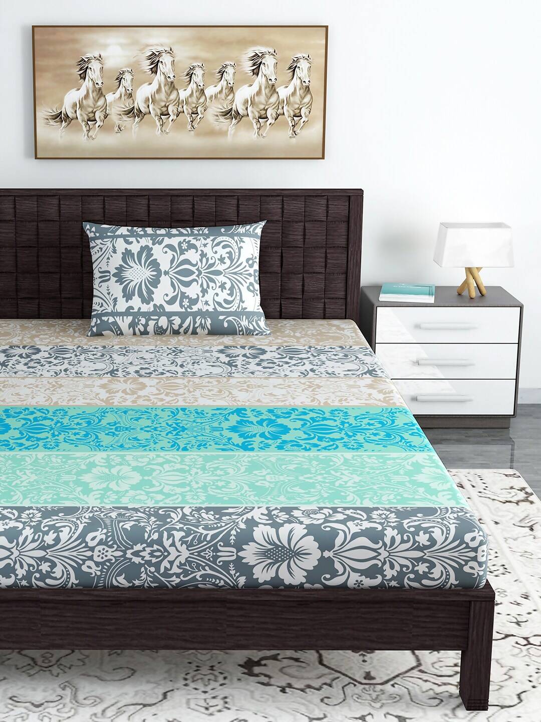Divine Casa Blue & Grey Ethnic Motifs 120 TC Bedsheet with Pillow Covers