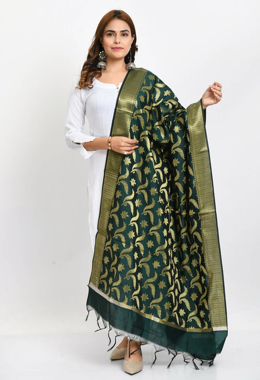 Mominos Fashion Moeza Women's Banarsi Silk Floral Woven Design Bottle Green Dupatta