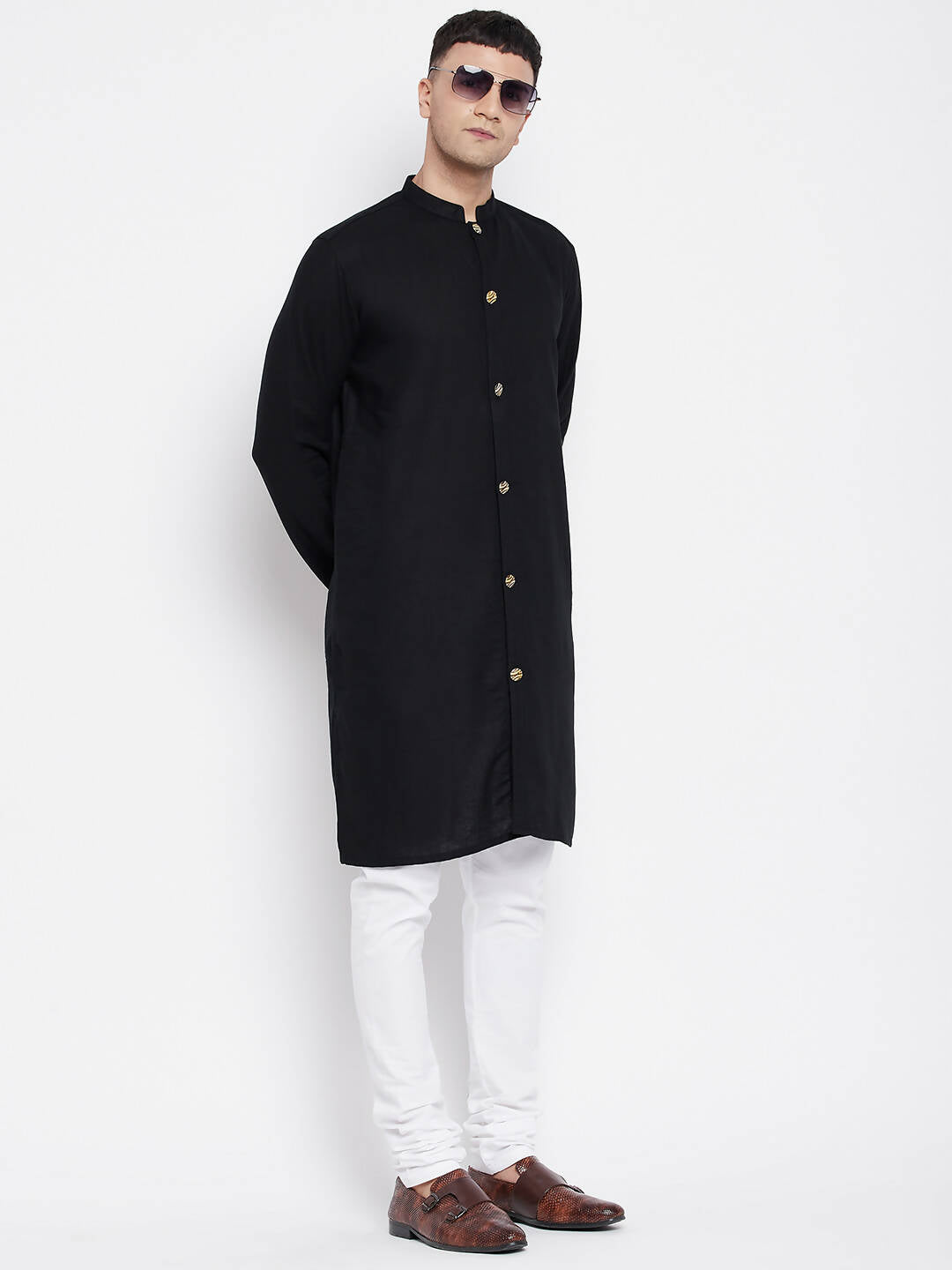 Even Apparels Black Pure Cotton Men's Sherwani Kurta With Open Front