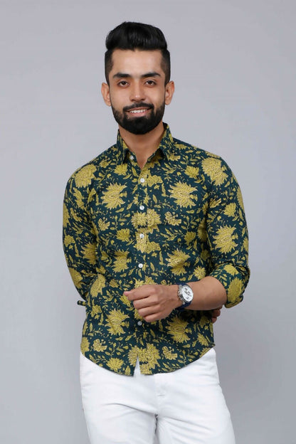Miravan Men's Cotton Printed Full Sleeve Slim Fit Spread Neck Green Shirt