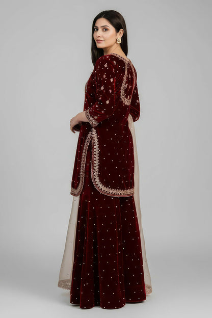 Joban Fashion Deep Maroon Velvet Embroidery Kurta Set