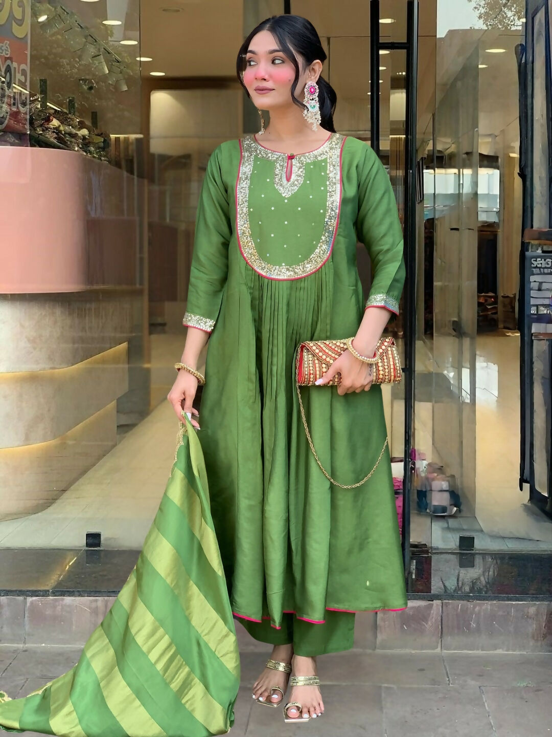 The52 Light Green Women's Gorgeous Embroidered Work Chanderi Fabric Flared Kurta Pant and Dupatta Set