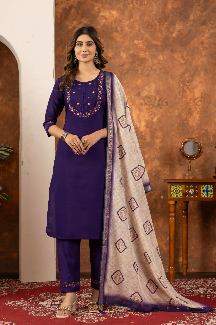 Purple Embroidered Pakistani Straight Kurti with Pant by Infinity Export