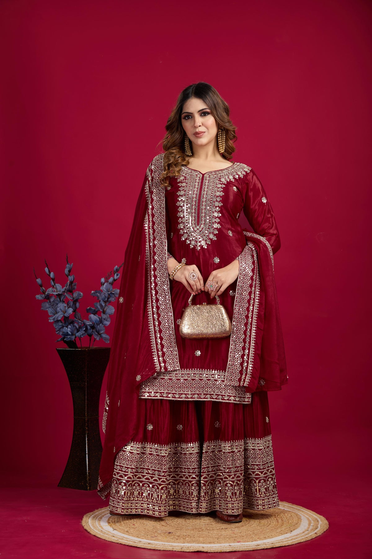 Teeya Creation Maroon Color Chinnon Silk Heavy Embroidery Work Fully Stitched Sharara Suit