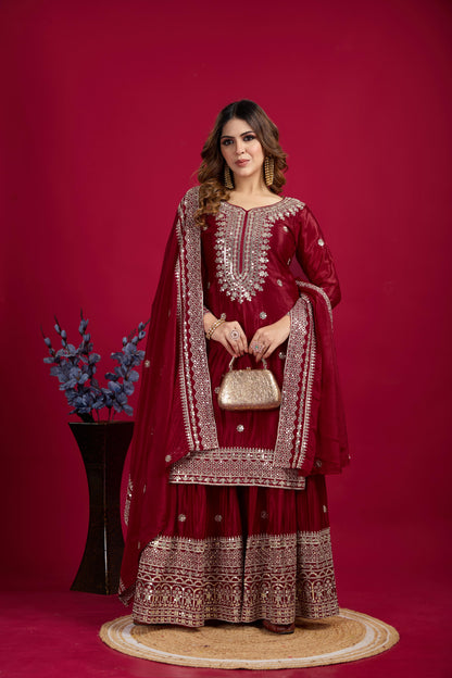 Teeya Creation Maroon Color Chinnon Silk Heavy Embroidery Work Fully Stitched Sharara Suit