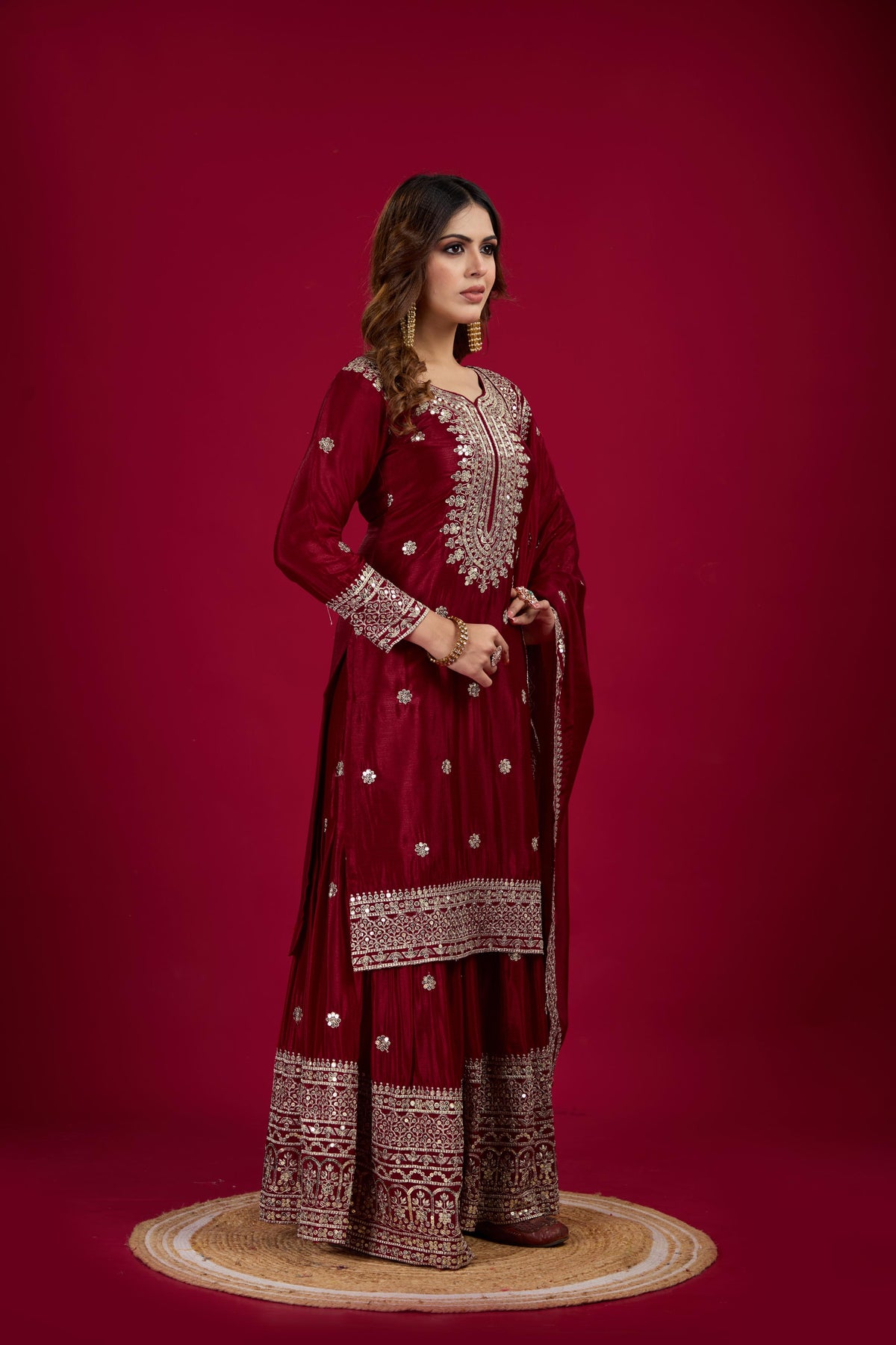 Teeya Creation Maroon Color Chinnon Silk Heavy Embroidery Work Fully Stitched Sharara Suit
