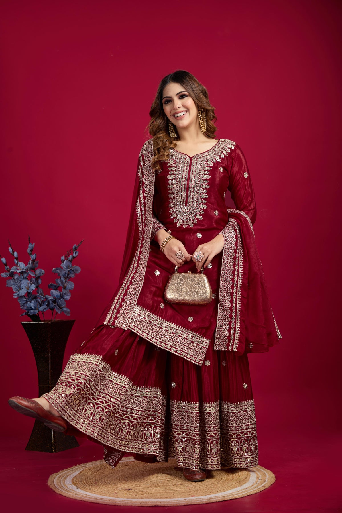 Teeya Creation Maroon Color Chinnon Silk Heavy Embroidery Work Fully Stitched Sharara Suit