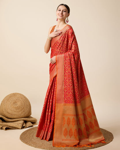 Vedant Vastram Soft Litchi Silk Kanjeevaram Silk Saree - Orange