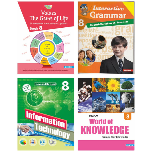 Self Enhancement Student Workbooks Grade 8| Set of 4|Computer-Grammar-World of Knowledge-Value Education|Ages 13-14 Year