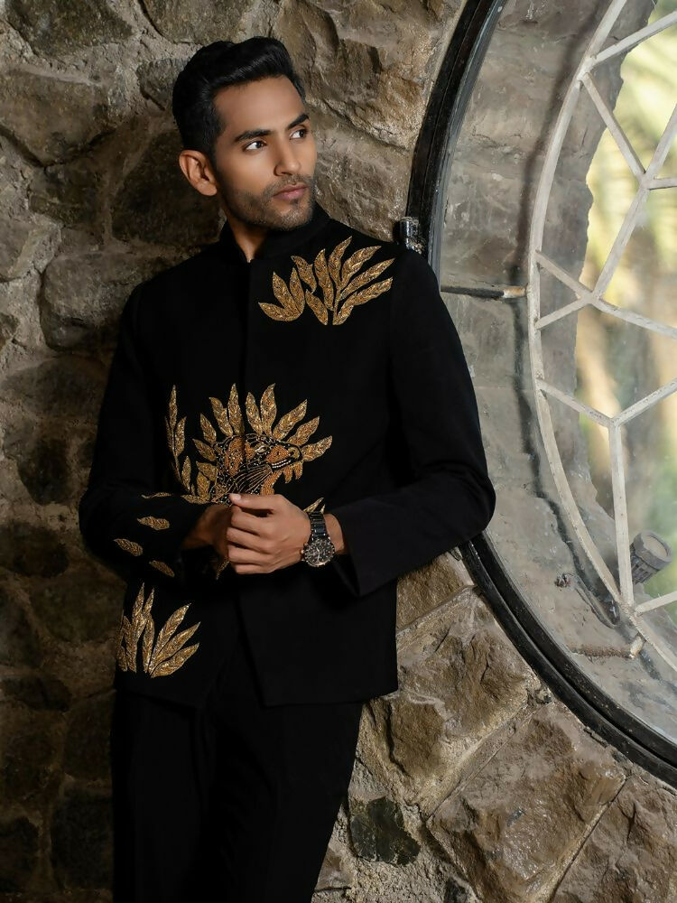 Black Bandhgala With Embroidery-Leaves by Hilo Design