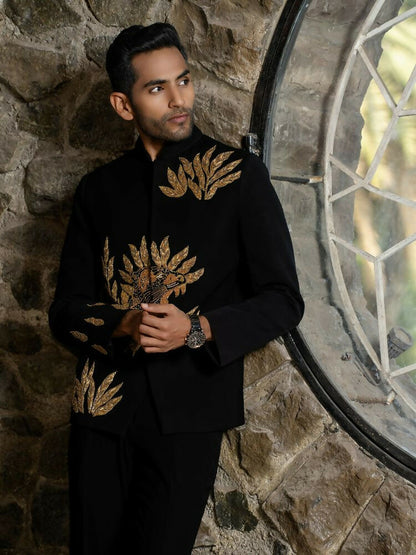Black Bandhgala With Embroidery-Leaves by Hilo Design