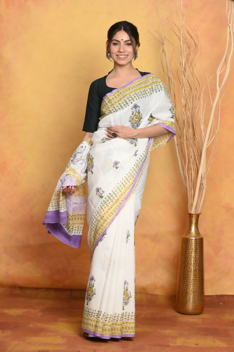 Very Much Indian Handblock Printed Cotton Saree With Natural Dyes - White