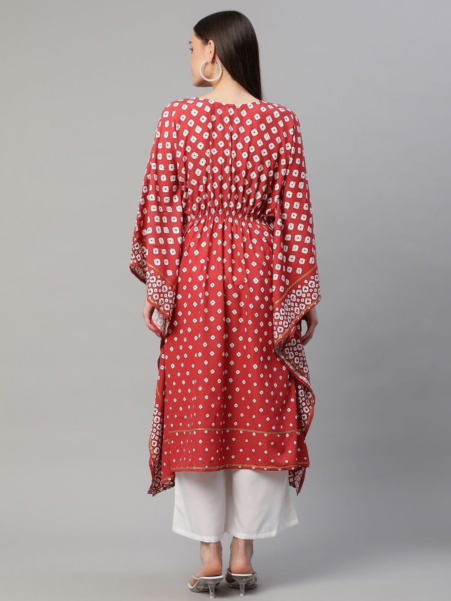 Ahalyaa Women Maroon Crepe Digital Printed Flared Sleeve Kaftan Kurta