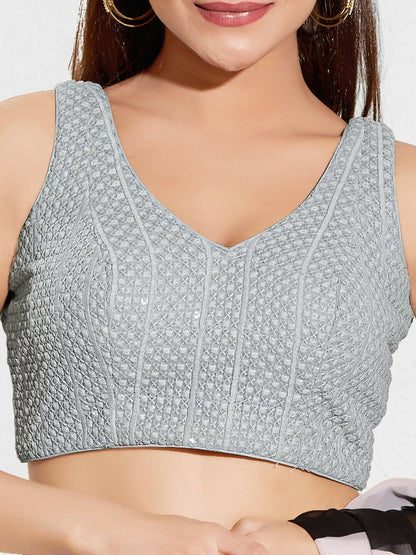 Joban Fashion Grey Sequence Padded Blouse With V Neck Sleeveless