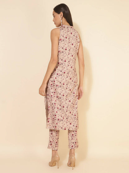 Janasya Women's Beige Moss Digital Floral Printed Casual Straight Co-ords