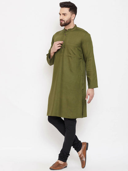 Even Apparels Green Linen Men's Kurta With Band Collar