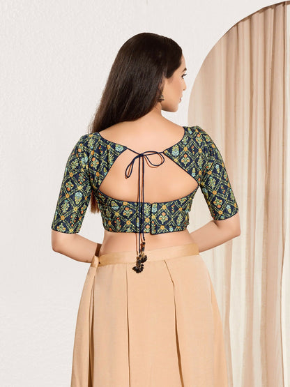 Joban Fashion Navy Blue Viscose Rayon Padded Blouse With Sweetheart Neck Elbow Sleeves
