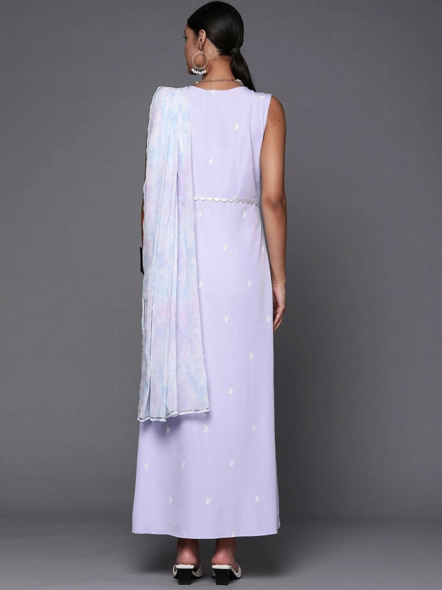 Ahalyaa Blue & White Floral Print Ethnic Maxi Dress with Attached Dupatta