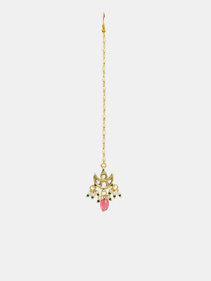 Ruby Raang Gold Polished Maroon Kundan Maang Tikka