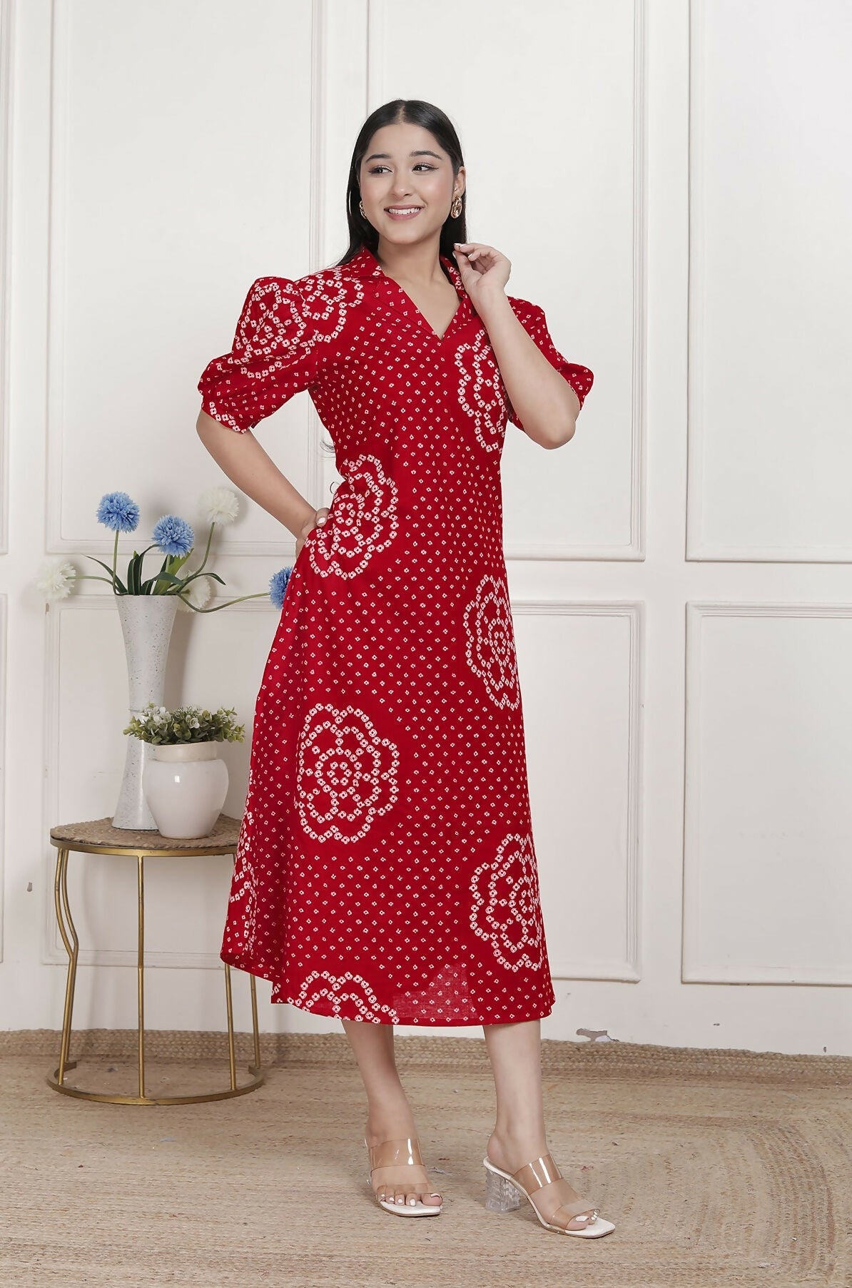 Miravan Womens Red Bandhani Printed Collar Neck Maxi Dress