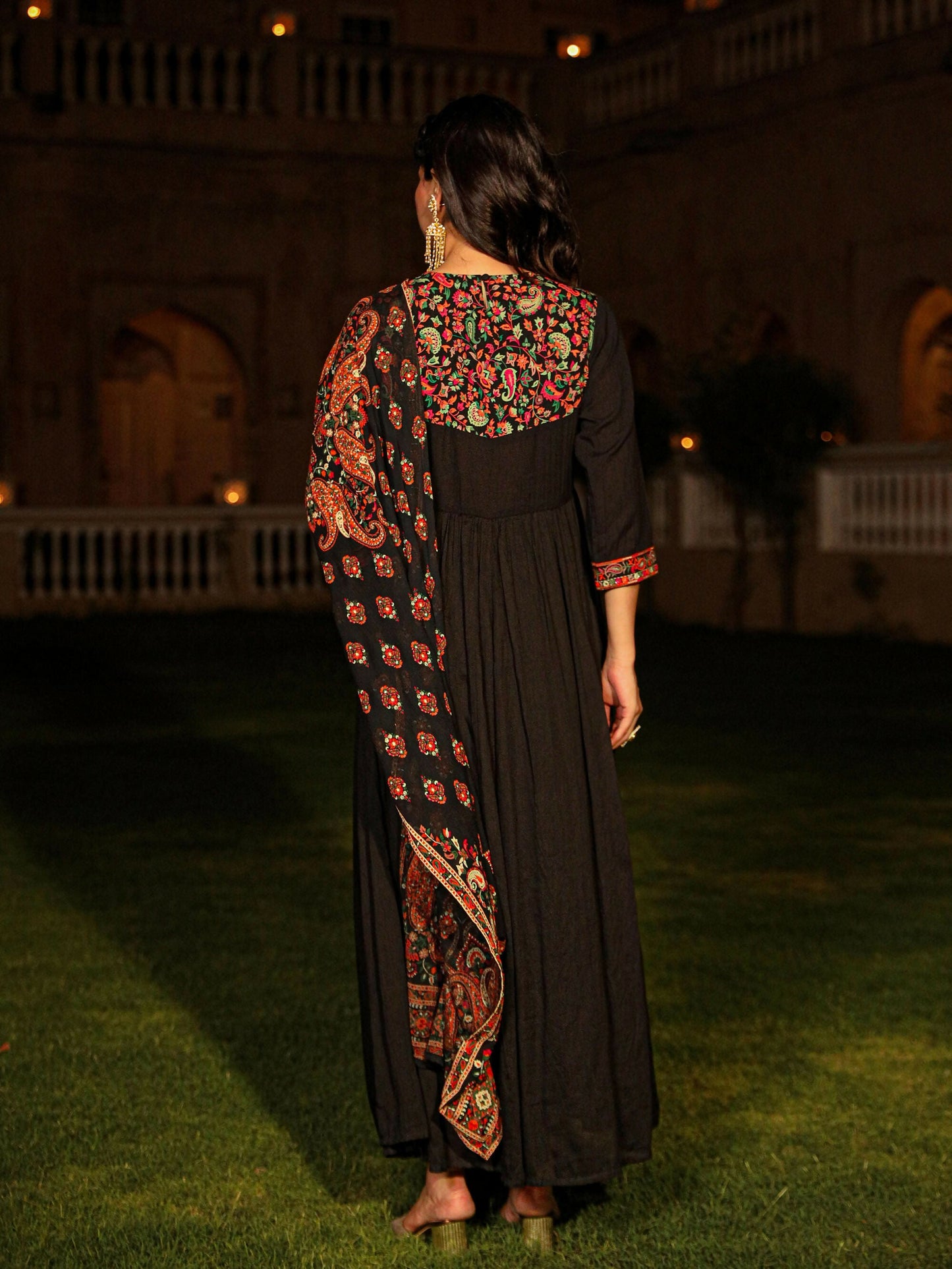 Juniper Women's Black Thread Embroidered Cotton Dress & Dupatta With Tassels & Mirror Work