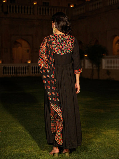 Juniper Women's Black Thread Embroidered Cotton Dress & Dupatta With Tassels & Mirror Work