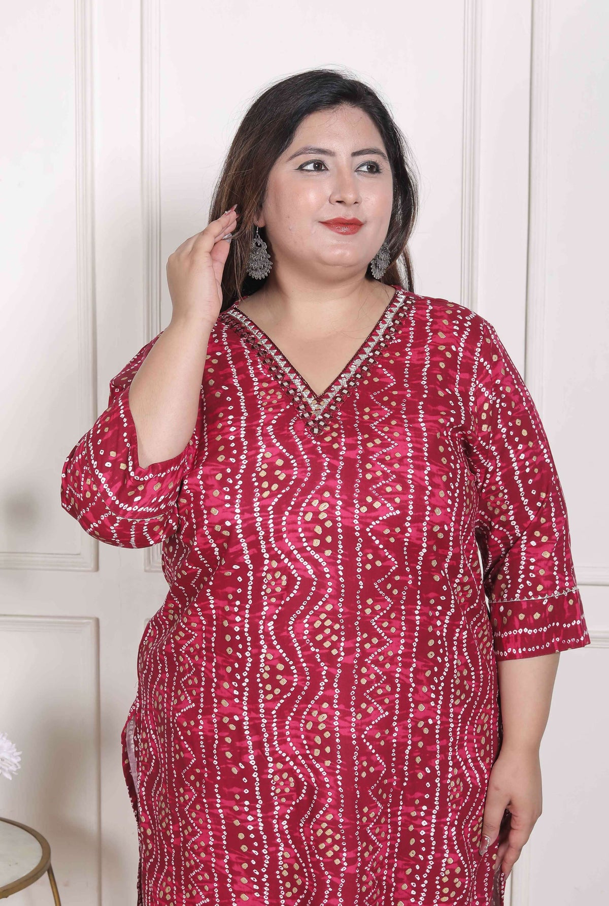 Miravan Women's Plus Size Bandhej Printed Rayon Kurta Magenta