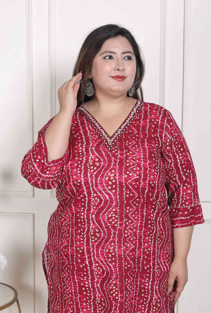 Miravan Women's Plus Size Bandhej Printed Rayon Kurta Magenta