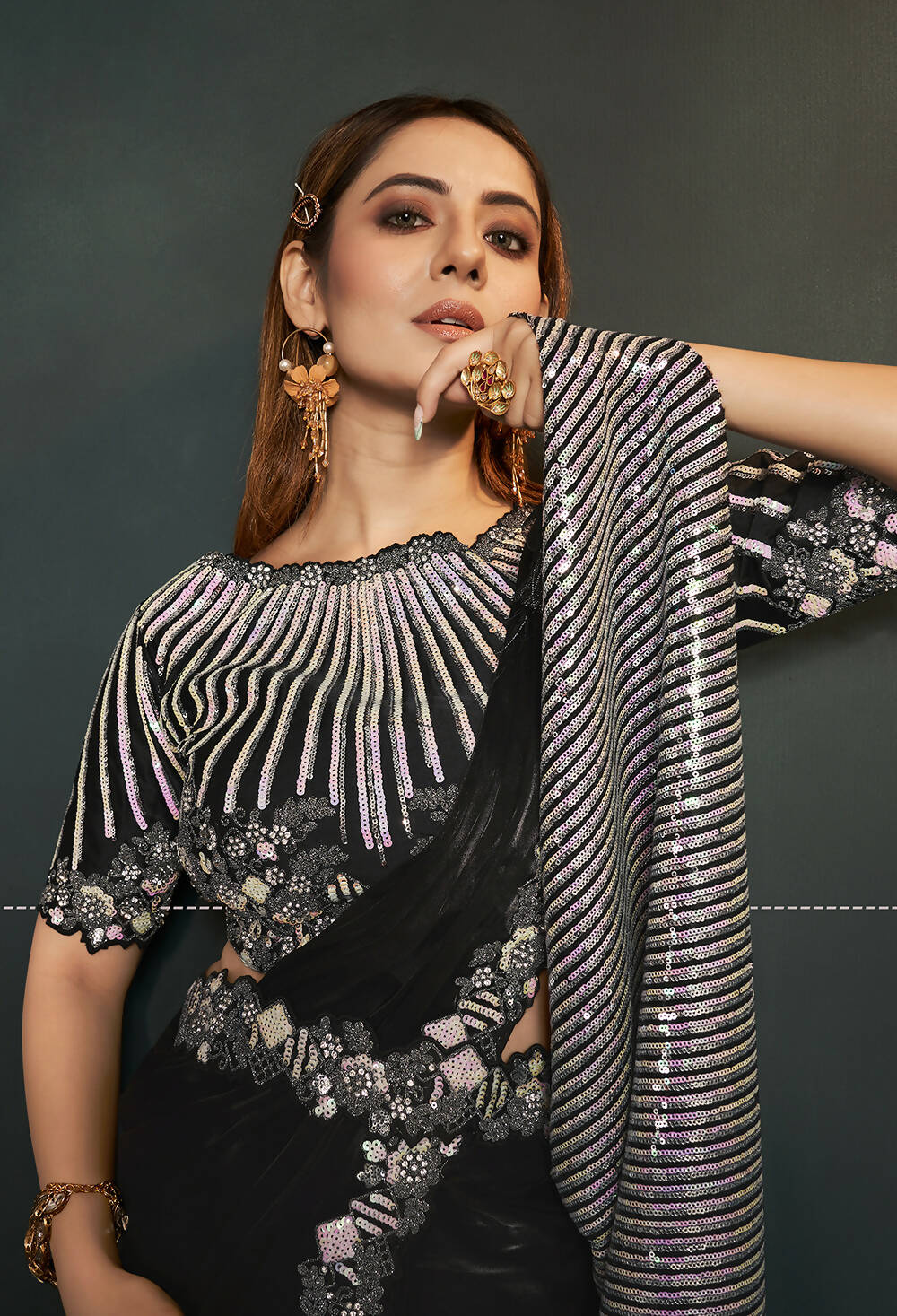 Black Silk Crepe Satin Cord Sequence & Thread Embroidered & Stone Work Saree - Moh-Manthan Royal Enigma