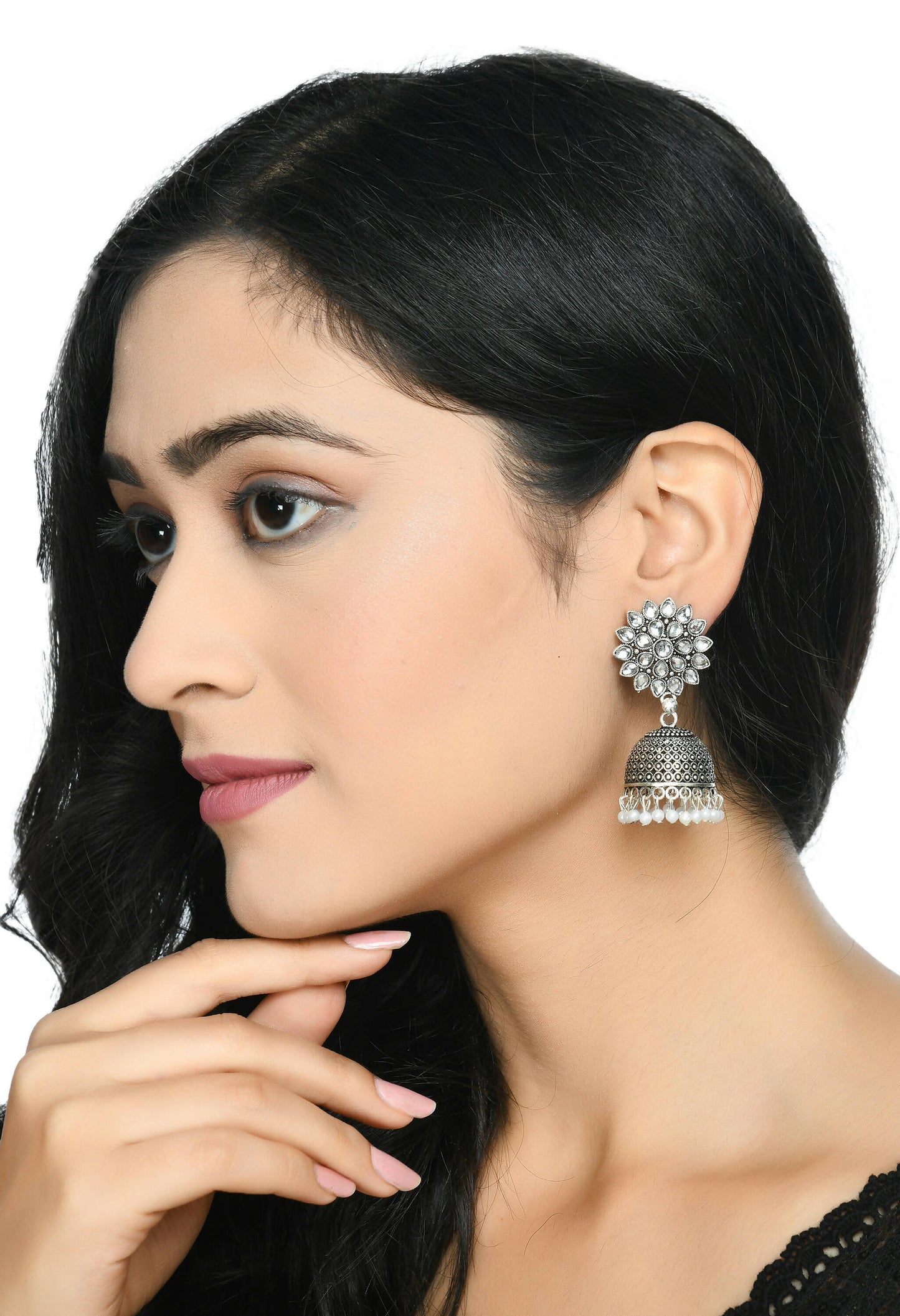 Mominos Fashion Joharkamal Kundan work Jhumka with White Beads