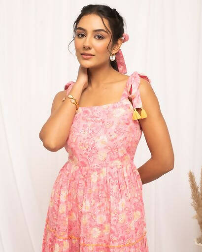 FIORRA Women's Peach Cotton Floral Printed Western Dress