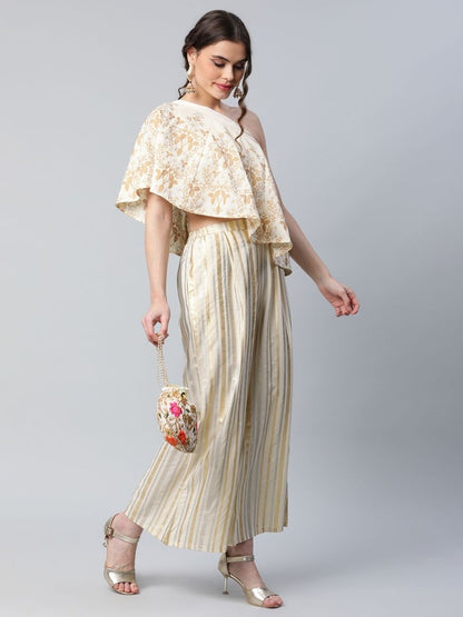 Ahalyaa Women Off White Crepe Floral Printed Top with Palazzos