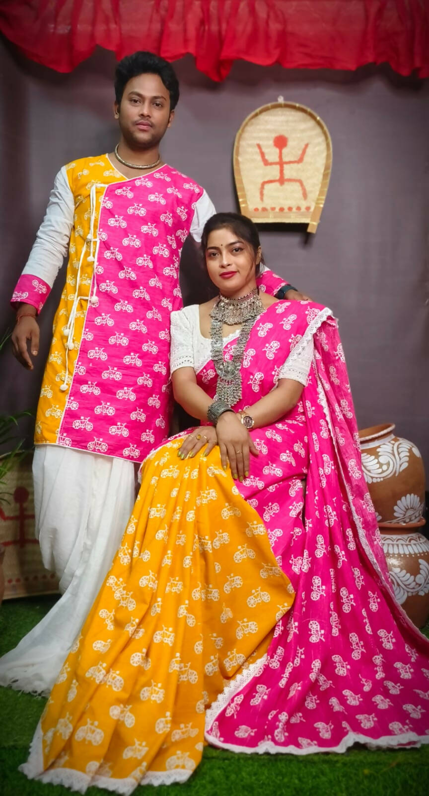 Exclusive Collection Saree With Blouse Piece For Women And Men's Kurta - Yellow