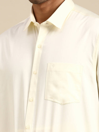 Ramraj Cotton Premium Wedding Cream Regular Dhoti, Shirt & Towel Set Arathi 3/4"