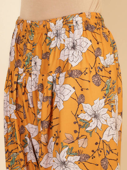 Janasya Women's Mustard Moss Digital Floral Printed Casual A-line Co-ords