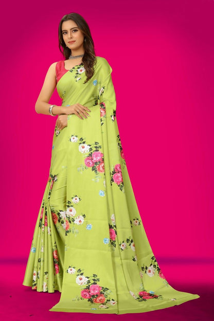 Aayaa Designer Printed Satin Saree - Multi Color