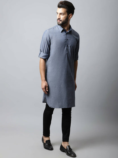 Even Apparels Grey Color Pure Cotton Solid Men's Kurta With Shirt Collar (MMS149)