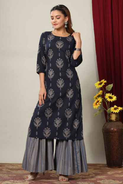 Miravan Women's Blue & Grey Printed Pure Cotton Kurta With Sharara