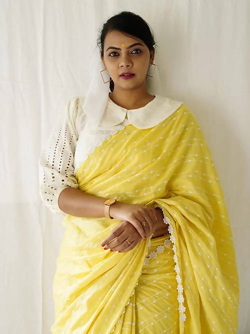 Diva Globe Customised Yellow Linen Saree With Flowers
