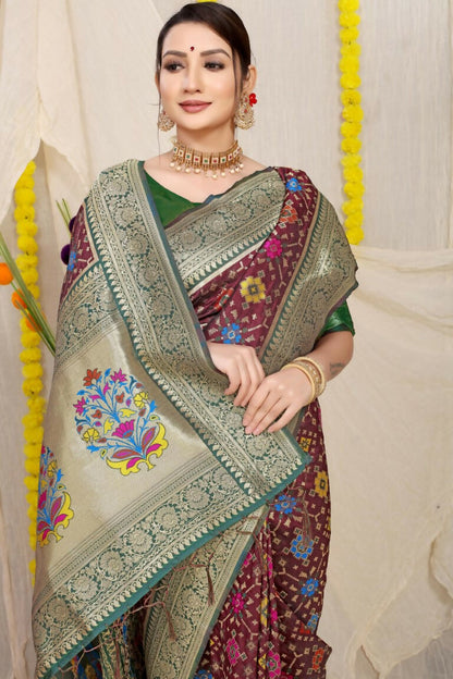 Jyoti Fashion Women's Wine Patola Silk Zari Woven Saree with Blouse