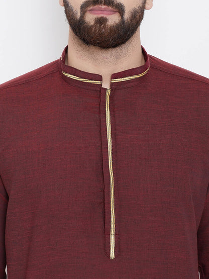 Even Apparels Maroon Pure Cotton Men's Kurta With Band Collar