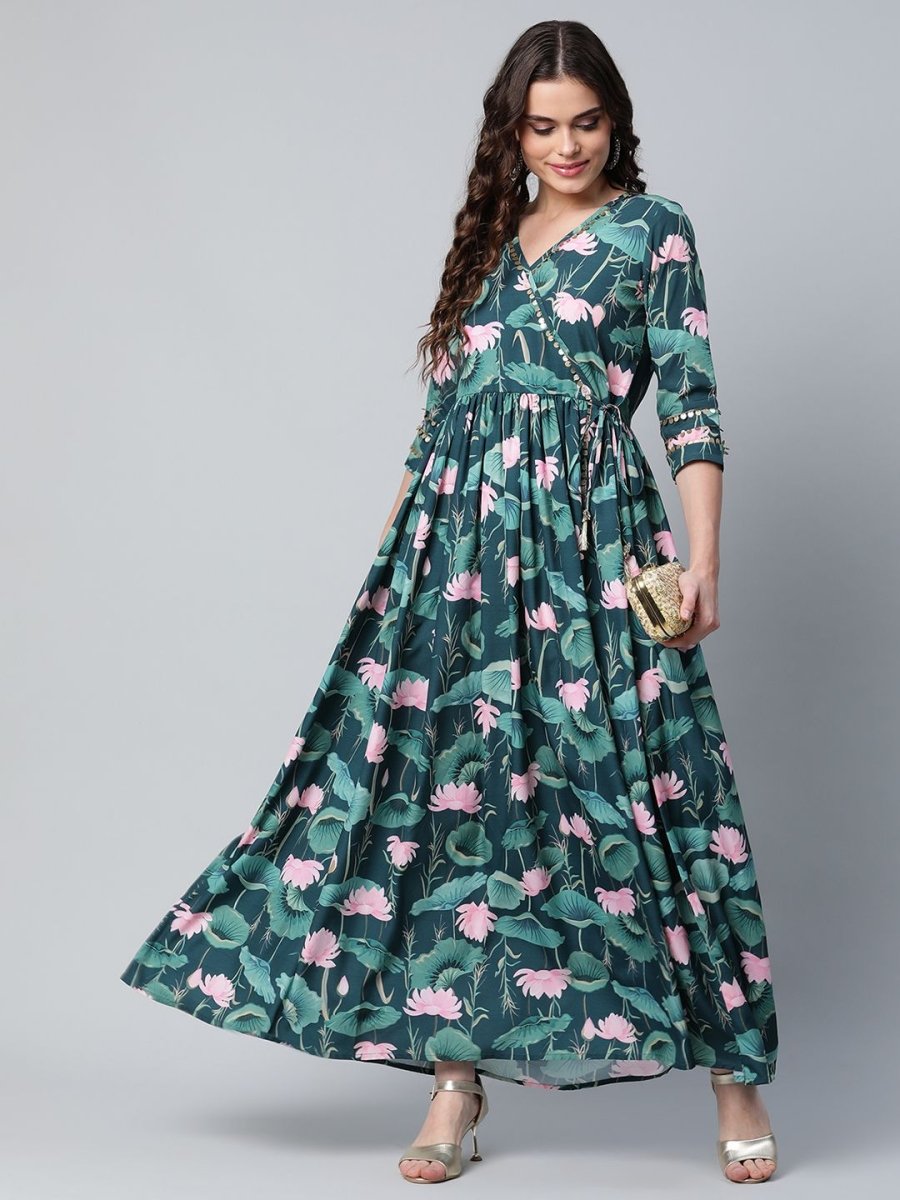 Ahalyaa Women Dark Green Crepe Digital Print Dress