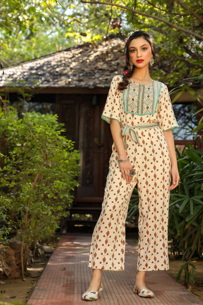 Juniper Women Ivory Rayon Printed Straight Jumpsuit