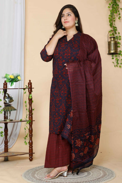 Miravan Women's Maroon Plus Size Floral Pure Cotton Kurta With Sharara And Dupatta Set
