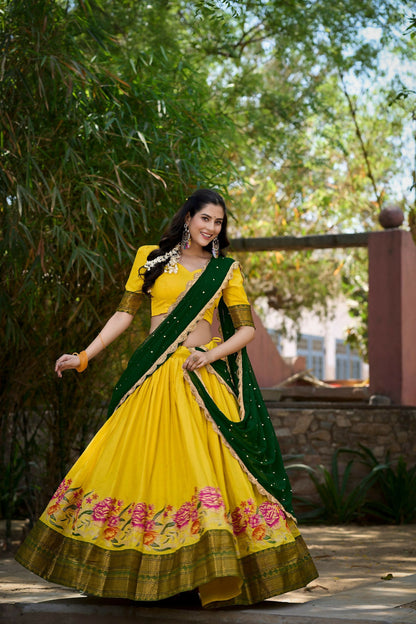 Vastranavya Stunning Cotton Silk Thread Embroidery Work Lehenga Choli - Yellow