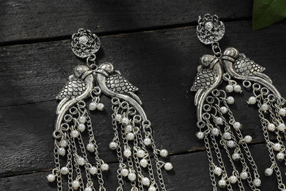 Mominos Fashion Johar Kamal Silver-Plated Oxidised Parrot Design Earrings
