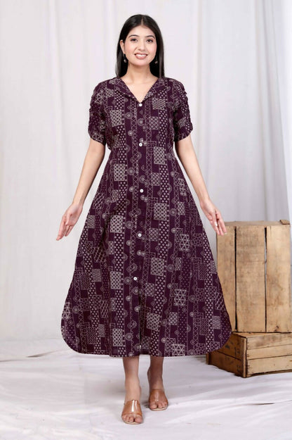 Miravan Women's Wine Mandarin Neck Floral Printed A-Line Party wear Maxi Dress