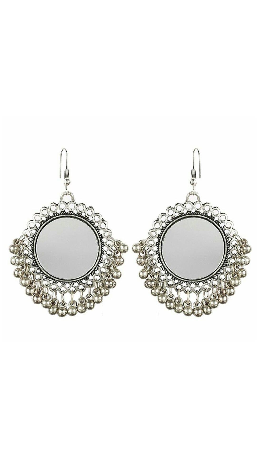 Silver-Plated Alloy Oxidised Designer Mirror Earrings - The Pari