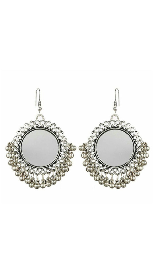Silver-Plated Alloy Oxidised Designer Mirror Earrings - The Pari